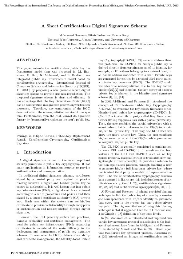 (PDF) A Short Certificateless Digital Signature Scheme