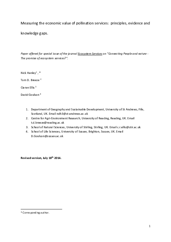 (PDF) Measuring the economic value of pollination services: Principles ...