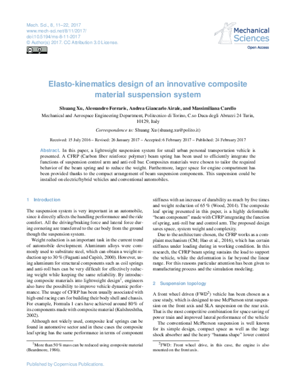 (PDF) Elastokinematics design of an innovative composite material suspension system Andrea