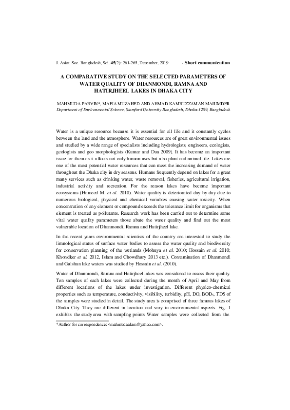(PDF) A Comparative Study on the Selected Parameters of Water Quality ...
