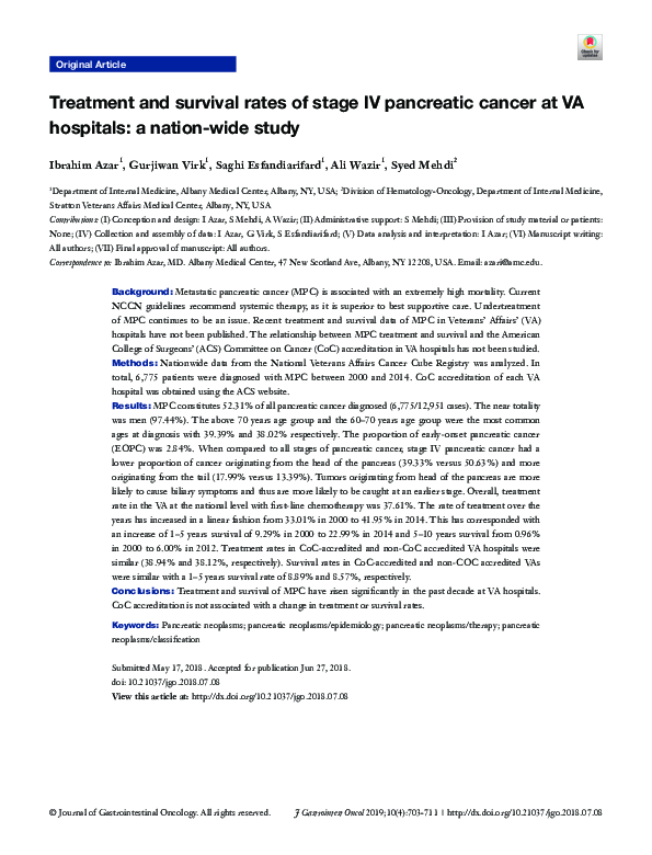 (PDF) Treatment and survival rates of stage IV pancreatic cancer at VA ...