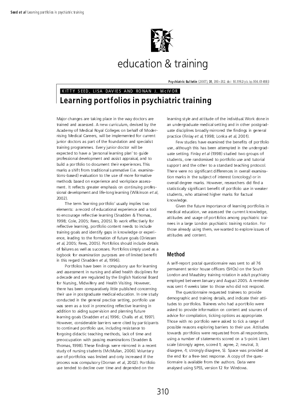 (PDF) Learning portfolios in psychiatric training Ronan McIvor