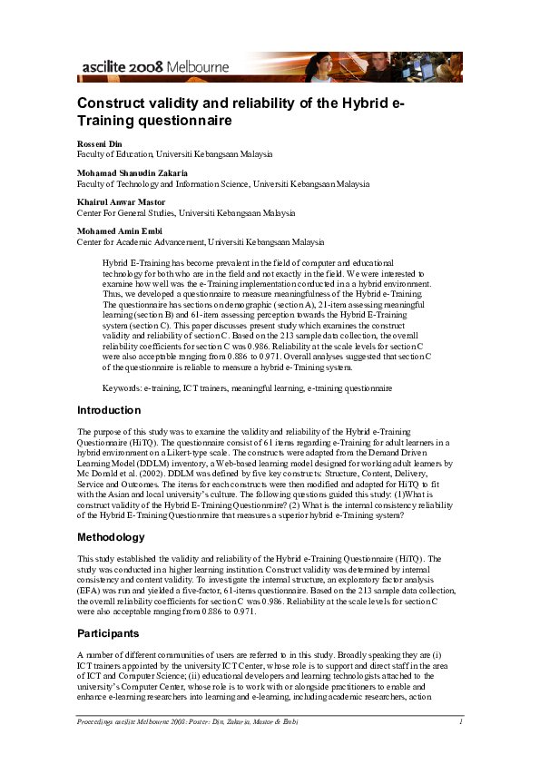 (PDF) Construct validity and reliability of the Hybrid e-Training ...
