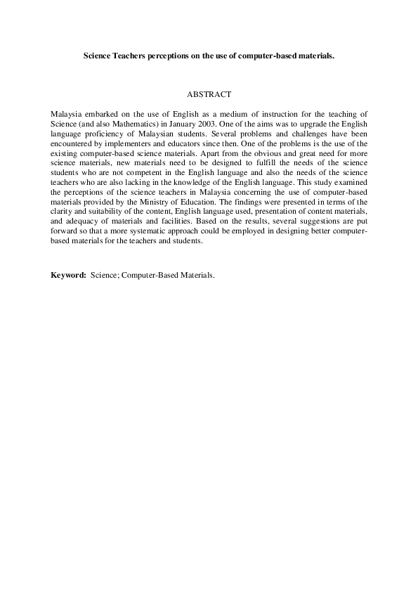 (PDF) Science Teachers’ Perceptions on the Use of Computer-Based Materials