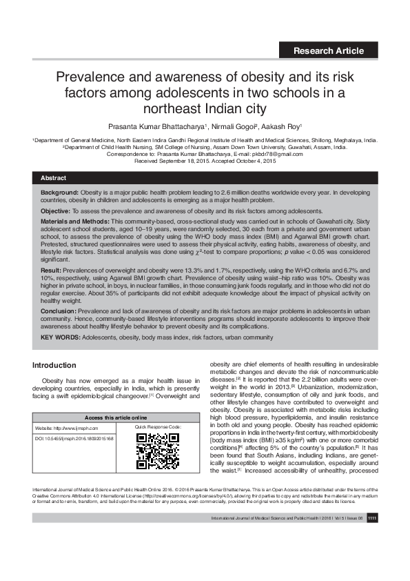 (PDF) Prevalence and awareness of obesity and its risk factors among ...