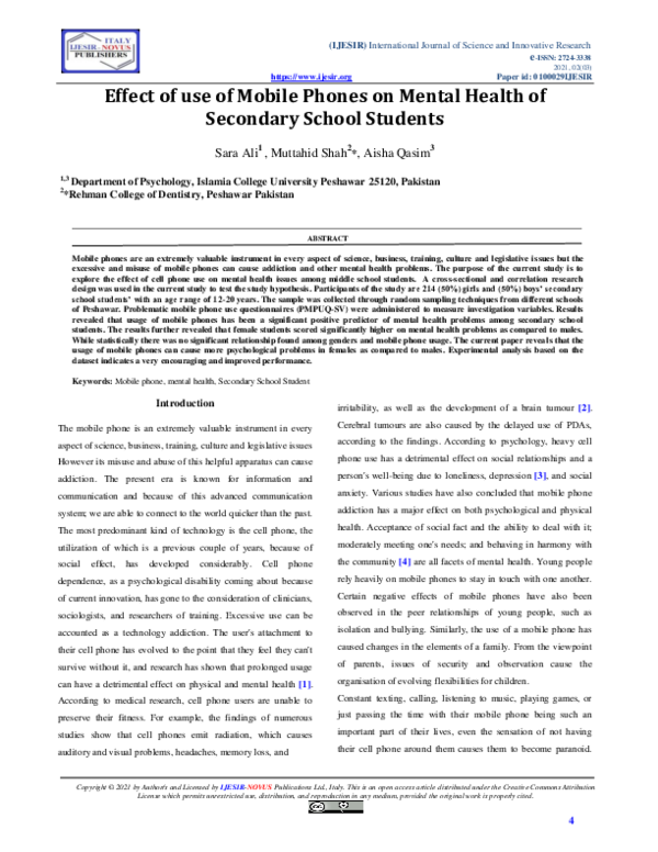 (PDF) Effect of use of Mobile Phones on Mental Health of Secondary ...