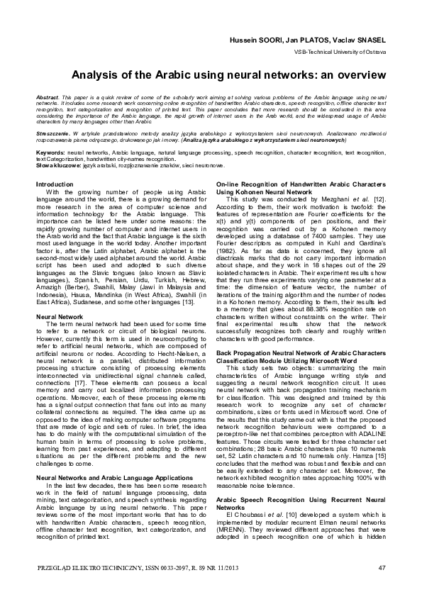 (PDF) Analysis of the Arabic using neural networks: an overview