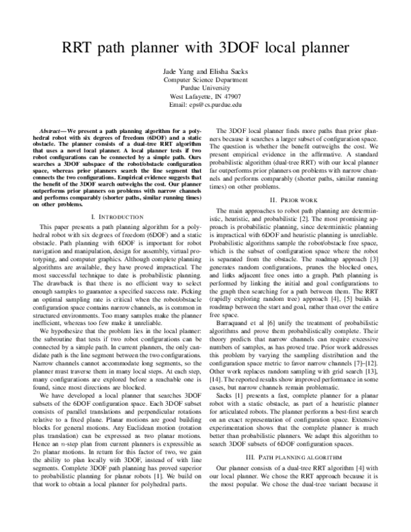 (PDF) RRT path planner with 3DOF local planner