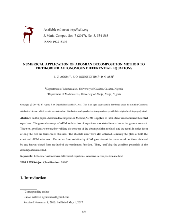 (PDF) Numerical application of Adomian decomposition method to fifth ...