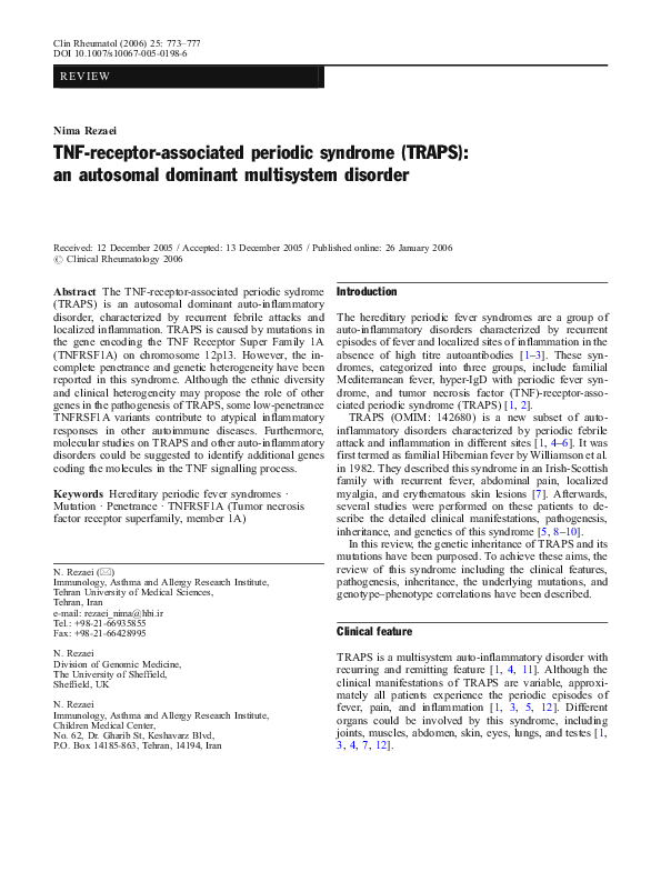 (PDF) TNFreceptorassociated periodic syndrome (TRAPS) an autosomal