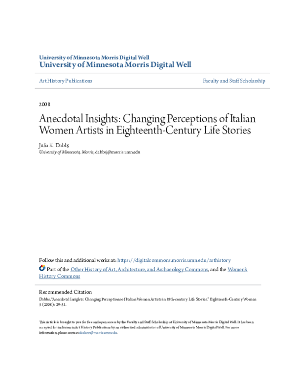 Anecdotal Insights: Changing Perceptions of Italian Women Artists in Eighteenth-Century Life Stories