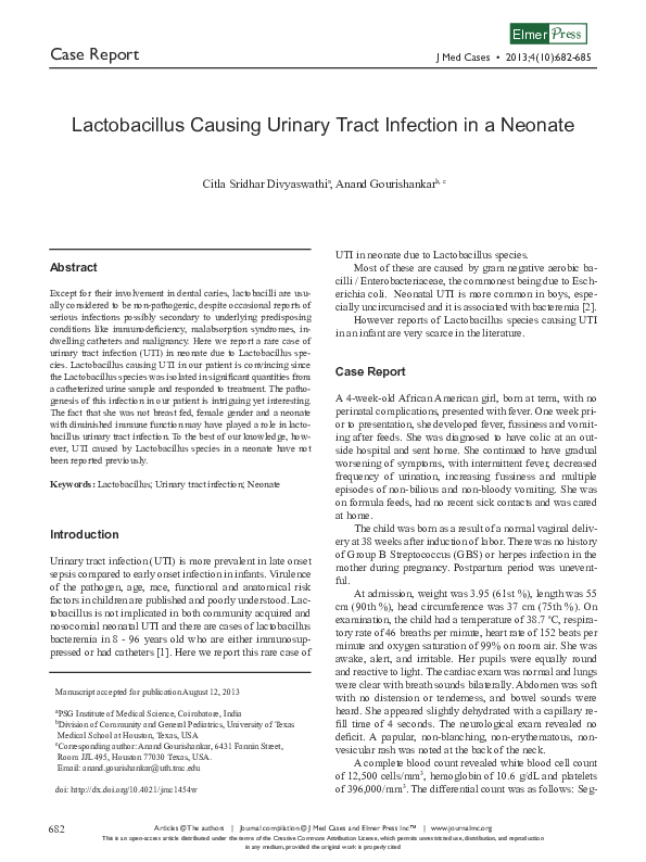 (PDF) Lactobacillus Causing Urinary Tract Infection in a Neonate