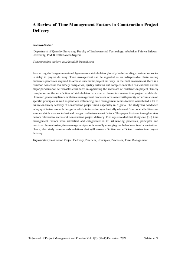 (PDF) A Review of Time Management Factors in Construction Project Delivery
