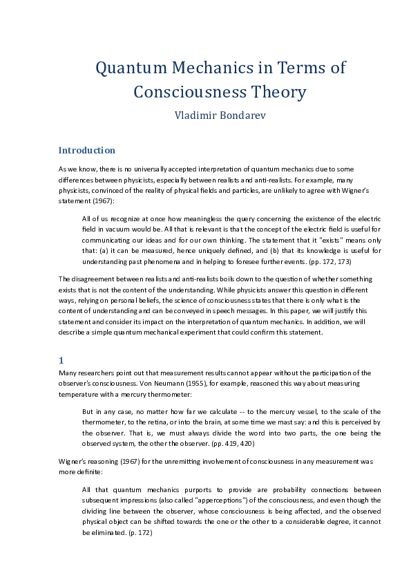 (DOC) Quantum Mechanics in Terms of Consciousness Theory
