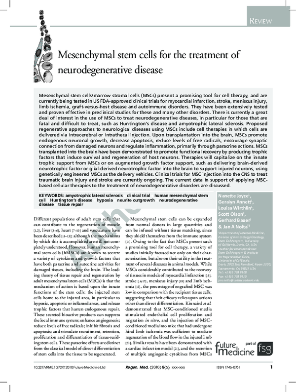 (PDF) Mesenchymal stem cells for the treatment of neurodegenerative disease