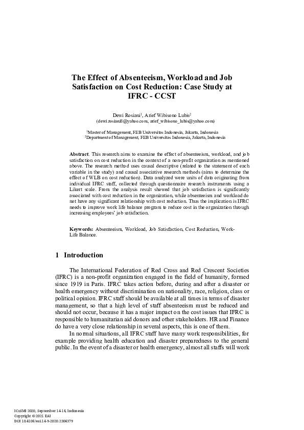 (PDF) The Effect of Absenteeism, Workload and Job Satisfaction on Cost