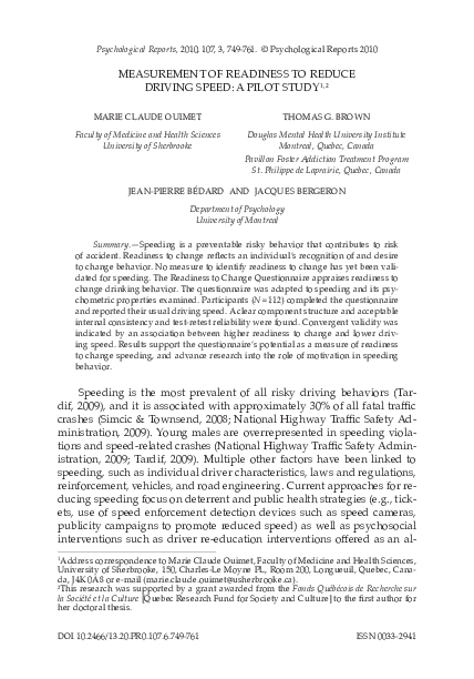 (PDF) Measurement of Readiness to Reduce Driving Speed: A Pilot Study 1,2