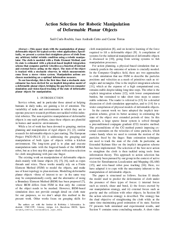 (PDF) Action selection for robotic manipulation of deformable objects