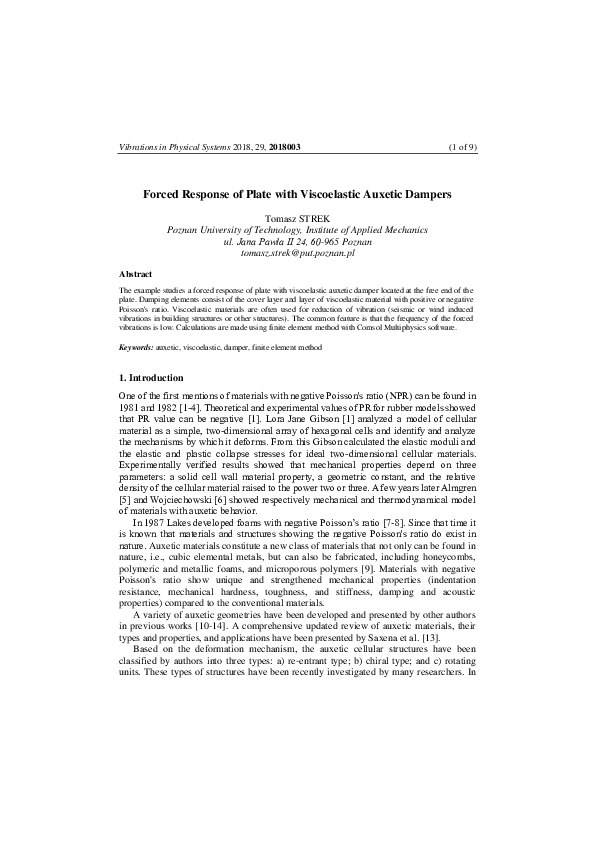 (PDF) Forced Response of Plate with Viscoelastic Auxetic Dampers