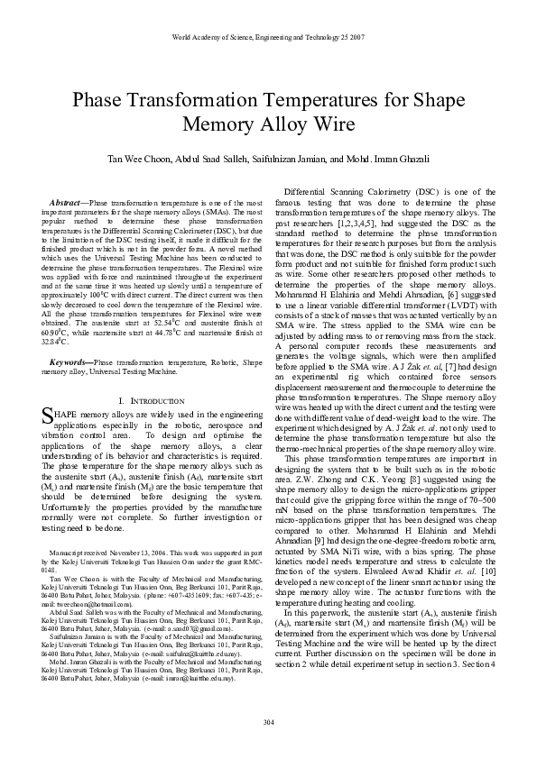 (PDF) Phase Transformation Temperatures for Shape Memory Alloy Wire