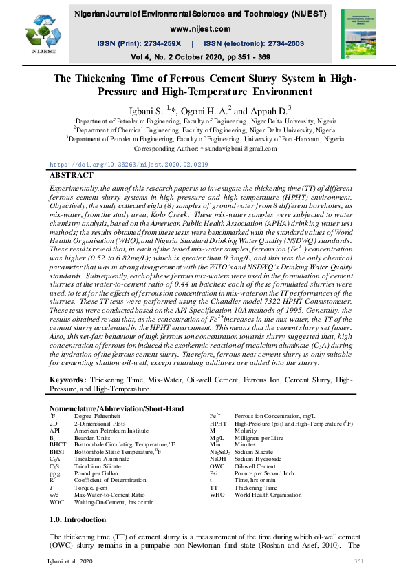 (PDF) The Thickening Time of Ferrous Cement Slurry System in High ...