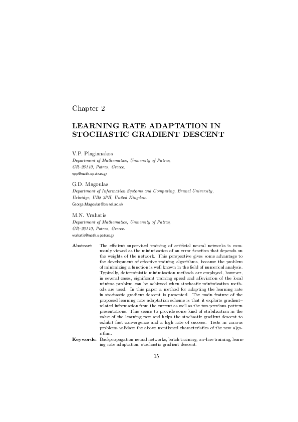 (PDF) Chapter 2 LEARNING RATE ADAPTATION IN STOCHASTIC GRADIENT DESCENT