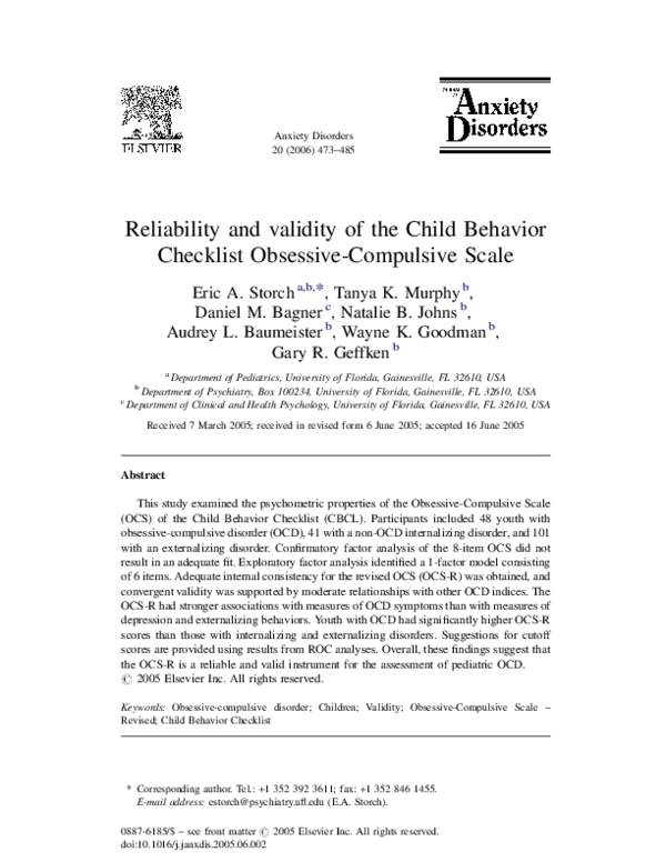 (PDF) Reliability and validity of the Child Behavior Checklist ...
