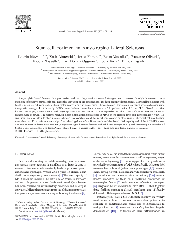 (PDF) Stem cell treatment in amyotrophic lateral sclerosis