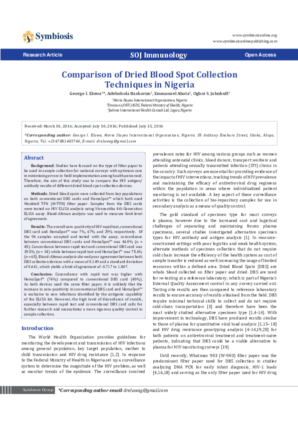 (PDF) Comparison of Dried Blood Spot Collection Techniques in Nigeria