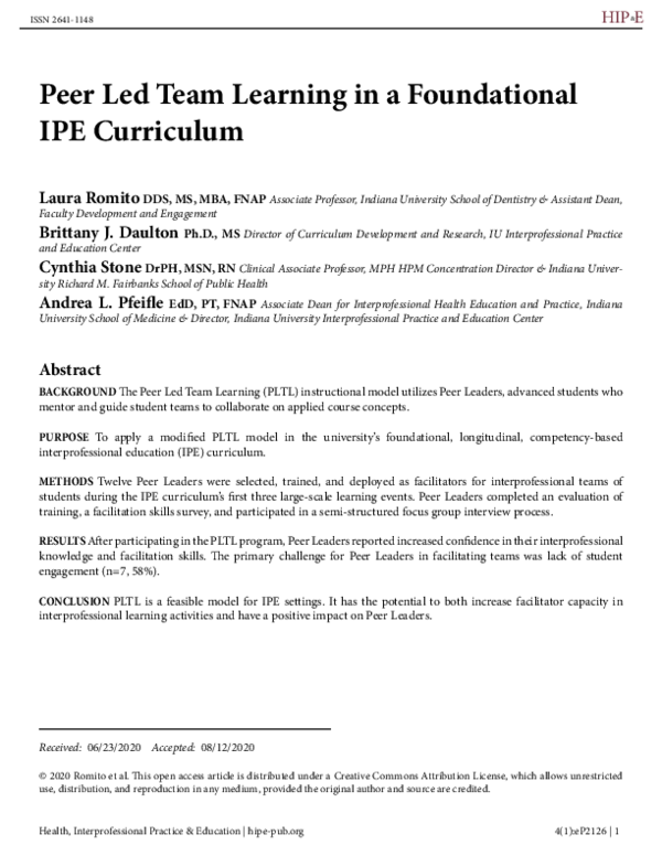 (PDF) Peer Led Team Learning in a Foundational IPE Curriculum