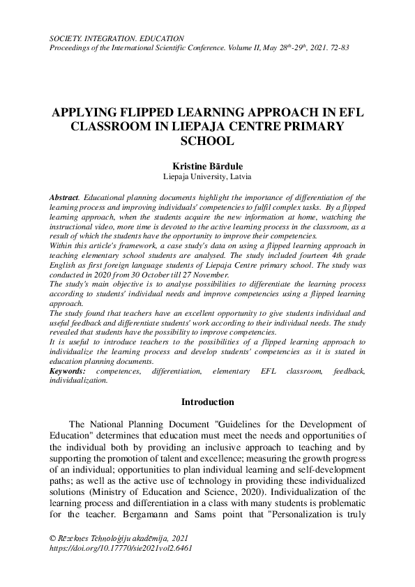 (PDF) Applying Flipped Learning Approach in Efl Classroom in Liepaja ...