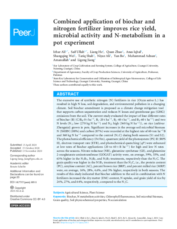 (PDF) Combined application of biochar and nitrogen fertilizer improves ...