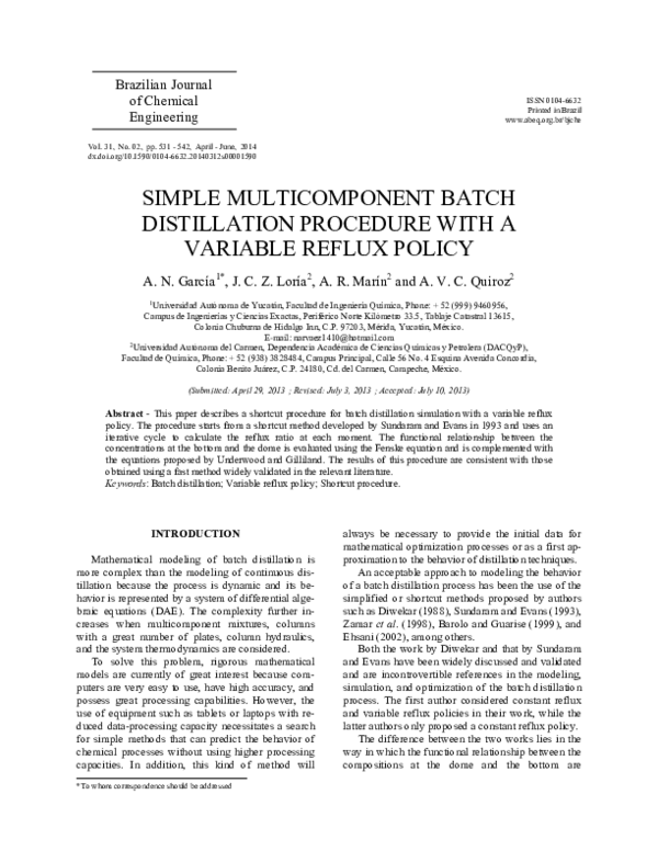 (PDF) Simple multicomponent batch distillation procedure with a ...