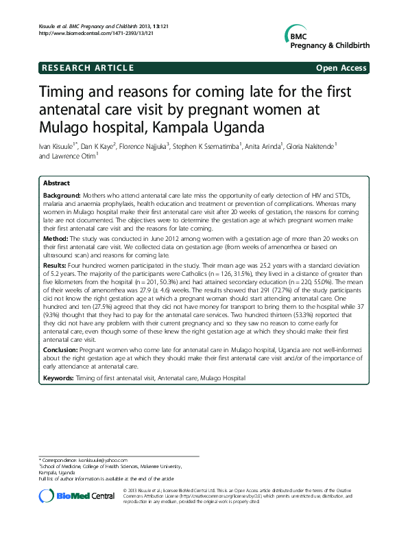 (PDF) Timing and reasons for coming late for the first antenatal care ...