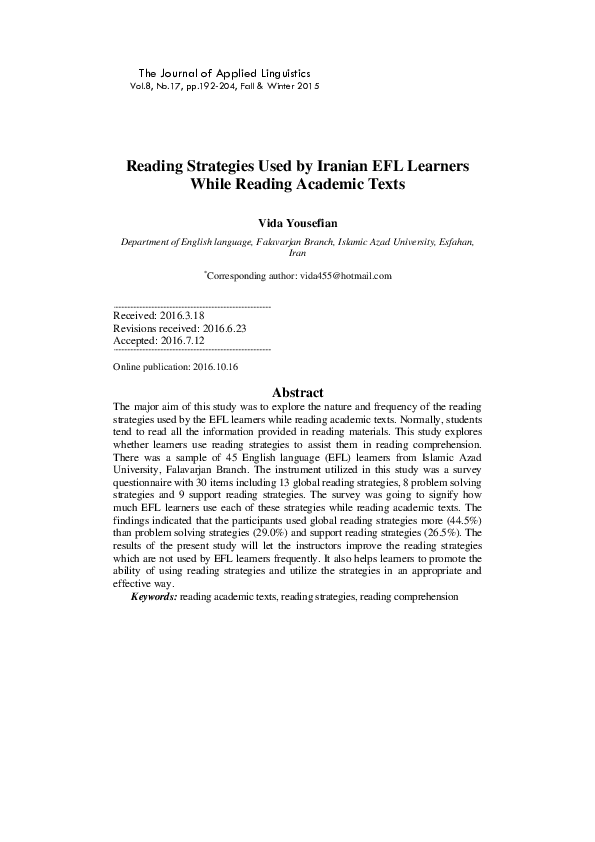 (PDF) Reading Strategies Used by Iranian EFL Learners While Reading ...