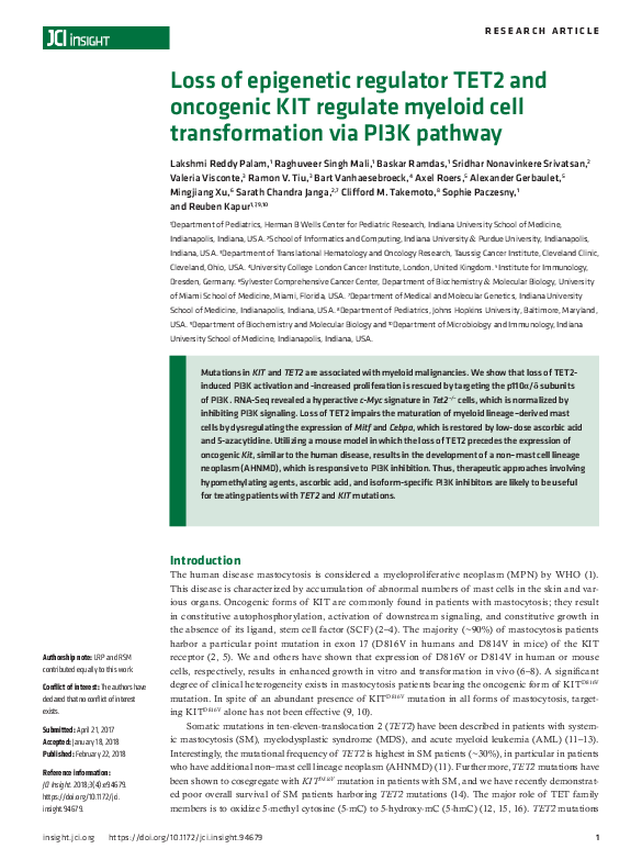 (PDF) Loss of epigenetic regulator TET2 and oncogenic KIT regulate ...