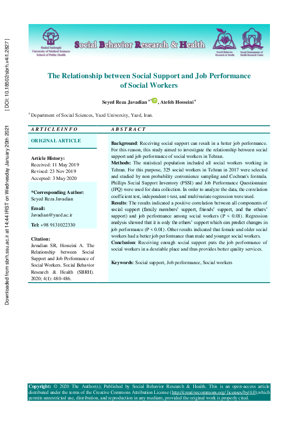 (PDF) The Relationship between Social Support and Job Performance of ...