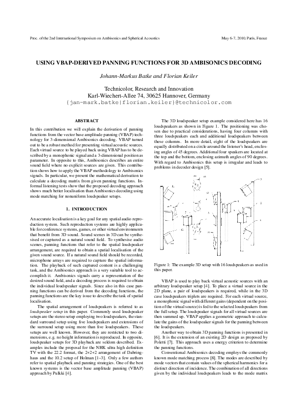 (PDF) Using Vbap-Derived Panning Functions for 3 D Ambisonics Decoding