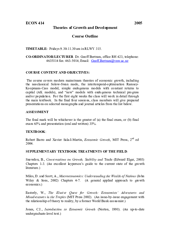  PDF ECON 414 2005 Theories Of Growth And Development Course Outline 
