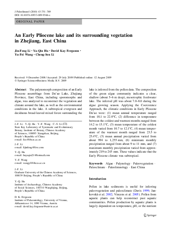 (PDF) An Early Pliocene lake and its surrounding vegetation in Zhejiang ...