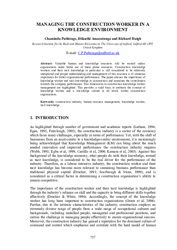 (PDF) Managing the construction worker in a knowledge environment