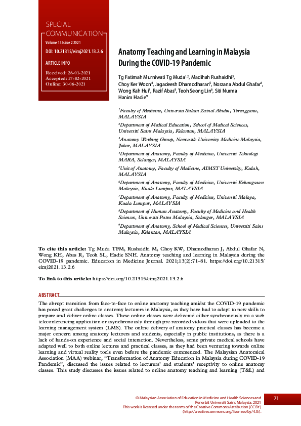 (PDF) Anatomy Teaching and Learning in Malaysia During the COVID-19 ...