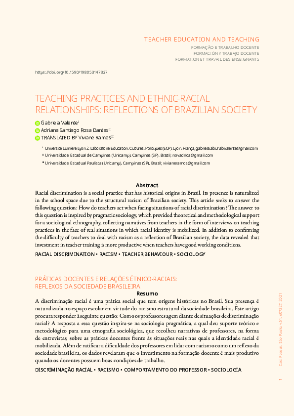 (PDF) TEACHING PRACTICES AND ETHNIC-RACIAL RELATIONSHIPS: REFLECTIONS ...