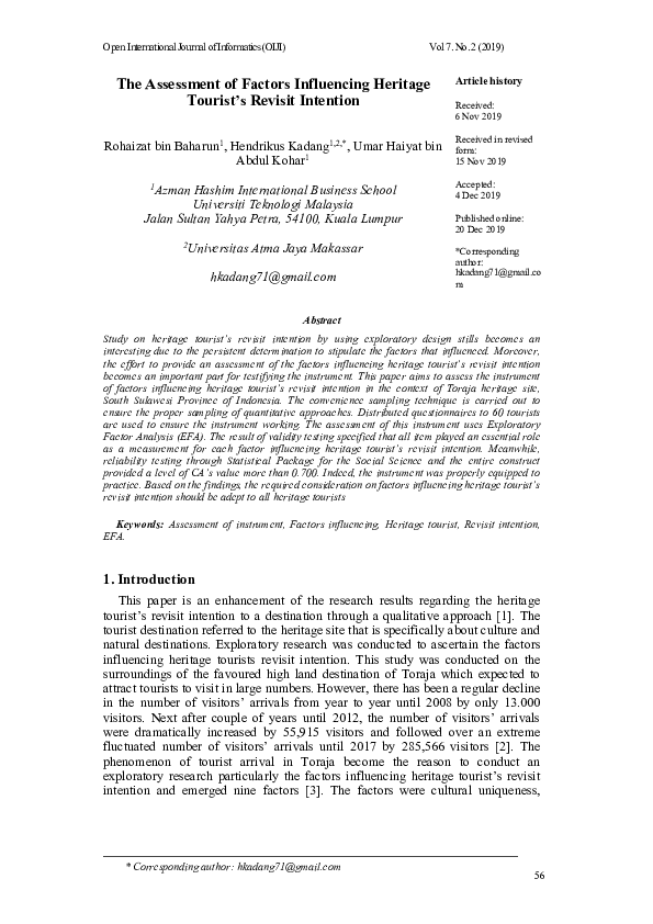 (PDF) The Assessment of Factors Influencing Heritage Tourist’s Revisit ...