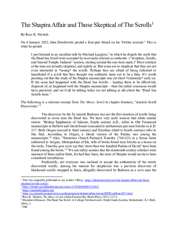 (PDF) The Shapira Affair and Those Skeptical of The Scrolls