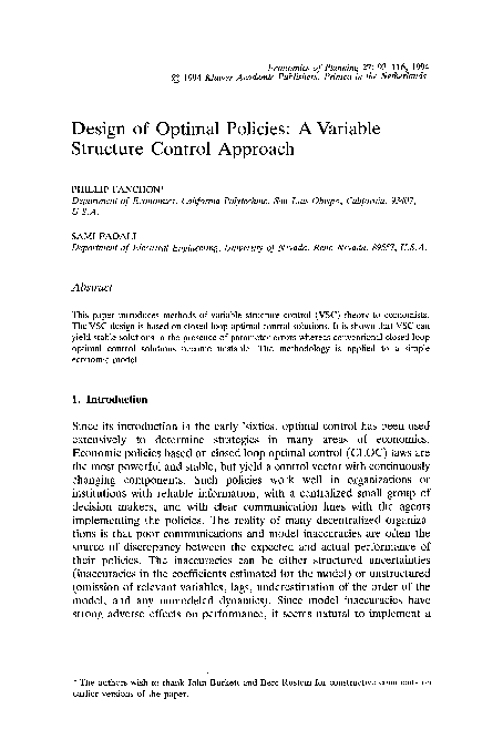 (PDF) Design of optimal policies: A variable structure control approach