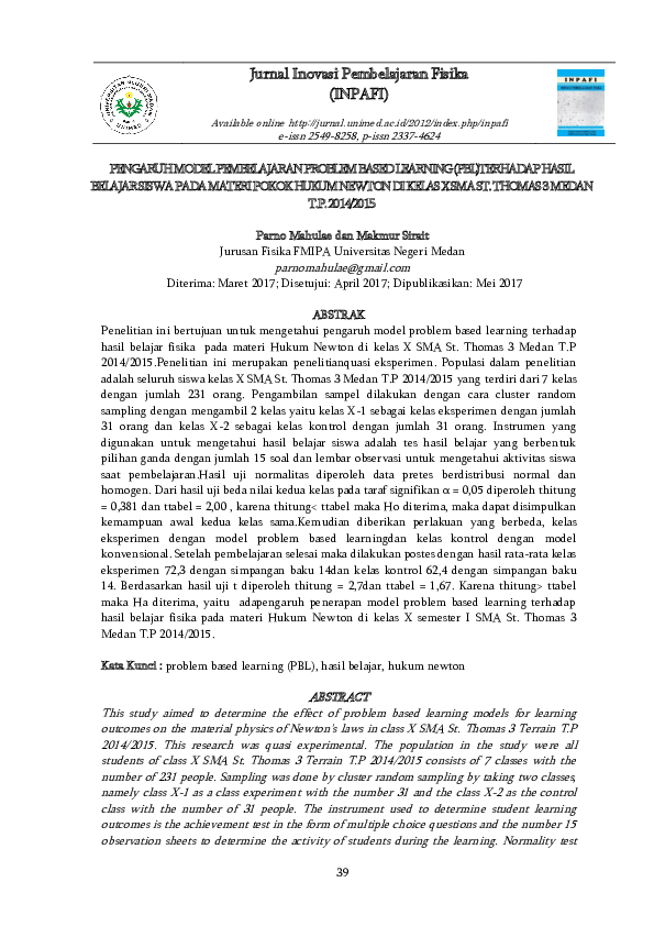 Pdf Pengaruh Model Pembelajaran Problem Based Learning Pbl Terhadap