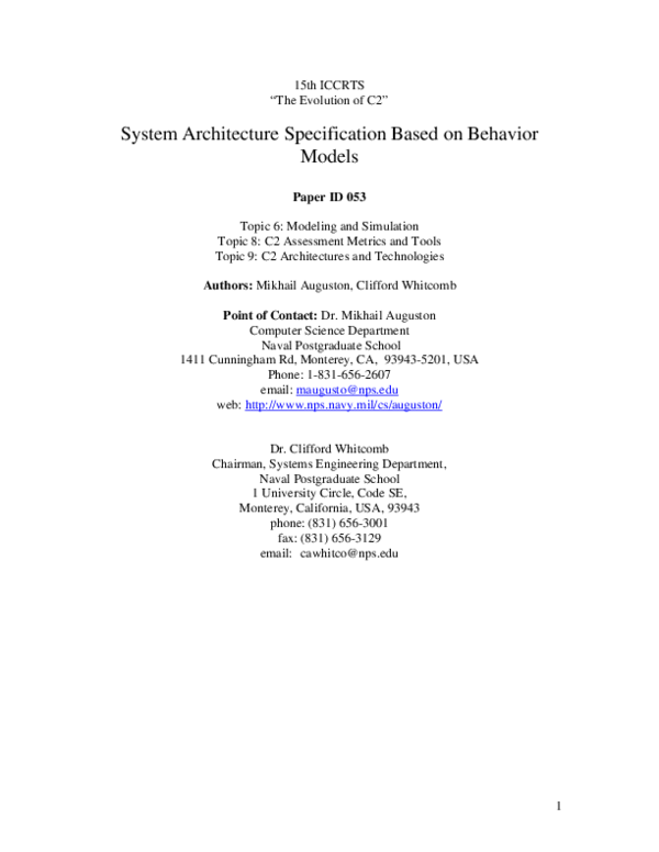 (PDF) System Architecture Specification Based on Behavior Models
