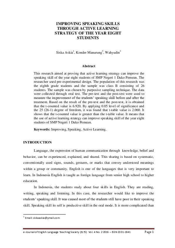 (PDF) Improving Speaking Skills Through Active Learning Strategy of the ...