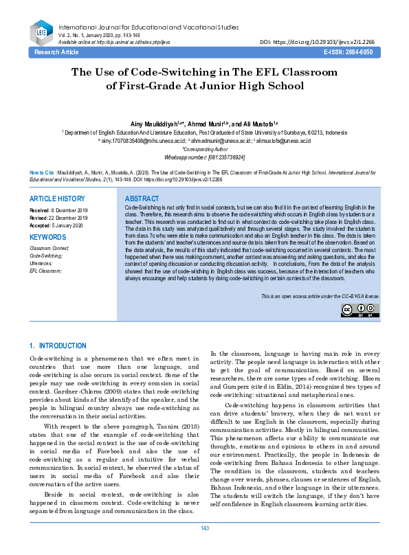 (PDF) The Use of Code-Switching in The EFL Classroom of First-Grade At ...